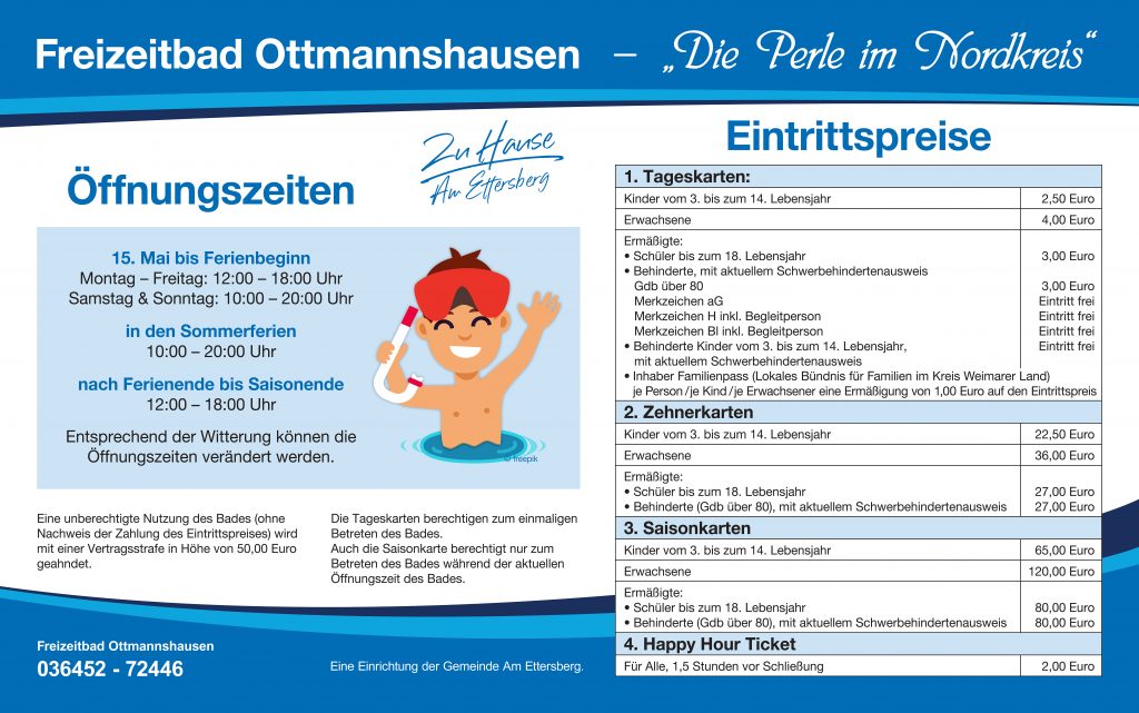 Freizeitbad Ottmannshausen Schild vom Eingang mit Eintrittspreisen